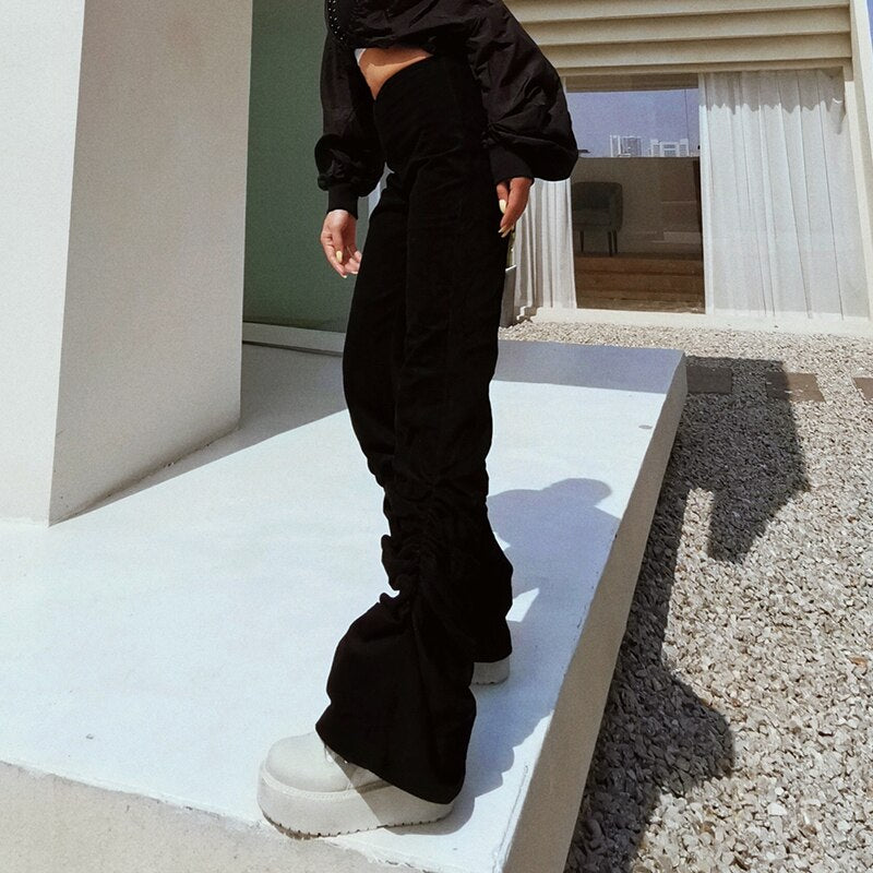 TWOTWINSTYLE White Corduroy Flare Pants For Women High Waist Casual Ruched Loose Straight Trouser Female Fashion New Clothing