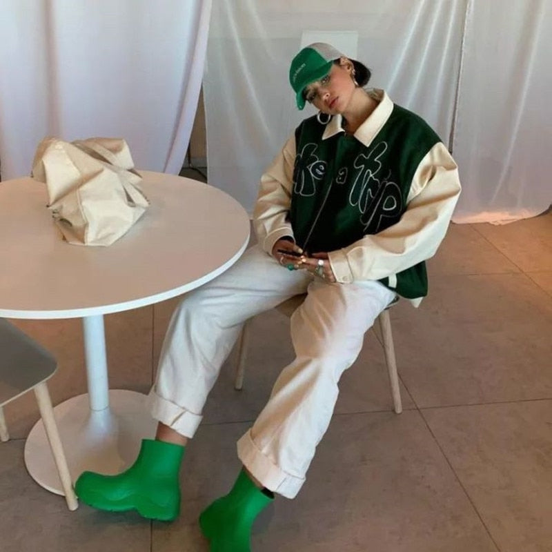 Take A Trip Green Letter Green Bomber Jacket Streetwear Fall Style Down Collar Zipper Baseball Coat