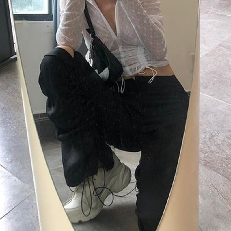 Rapcopter Hollow Out Pants Y2K Ruched Drawstring Trouser High Waist Cargo Pants Bandage Patchwork Pants Casual Women Streetwear