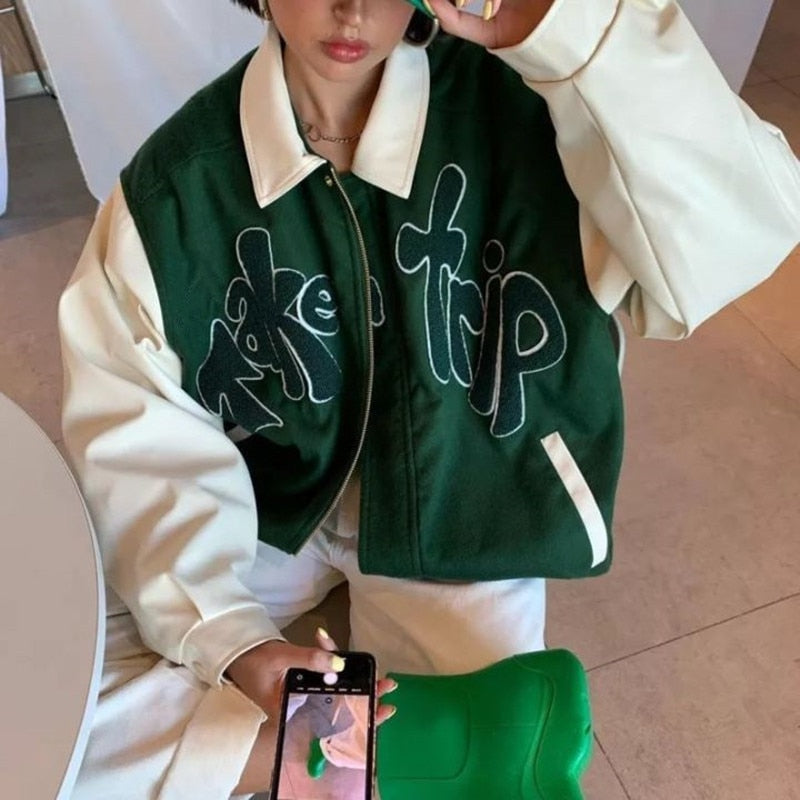 Take A Trip Green Letter Green Bomber Jacket Streetwear Fall Style Down Collar Zipper Baseball Coat
