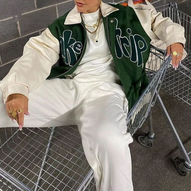 Take A Trip Green Letter Green Bomber Jacket Streetwear Fall Style Down Collar Zipper Baseball Coat