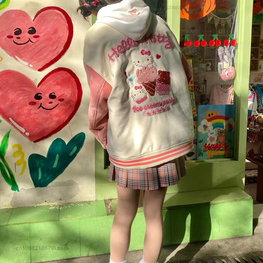Hello Kitty Clothes Y2k Teenager Girl Luxury Design Embroidery Pink Jacket Baseball Jacket Fashion Coat Women Sweatshirt Plush