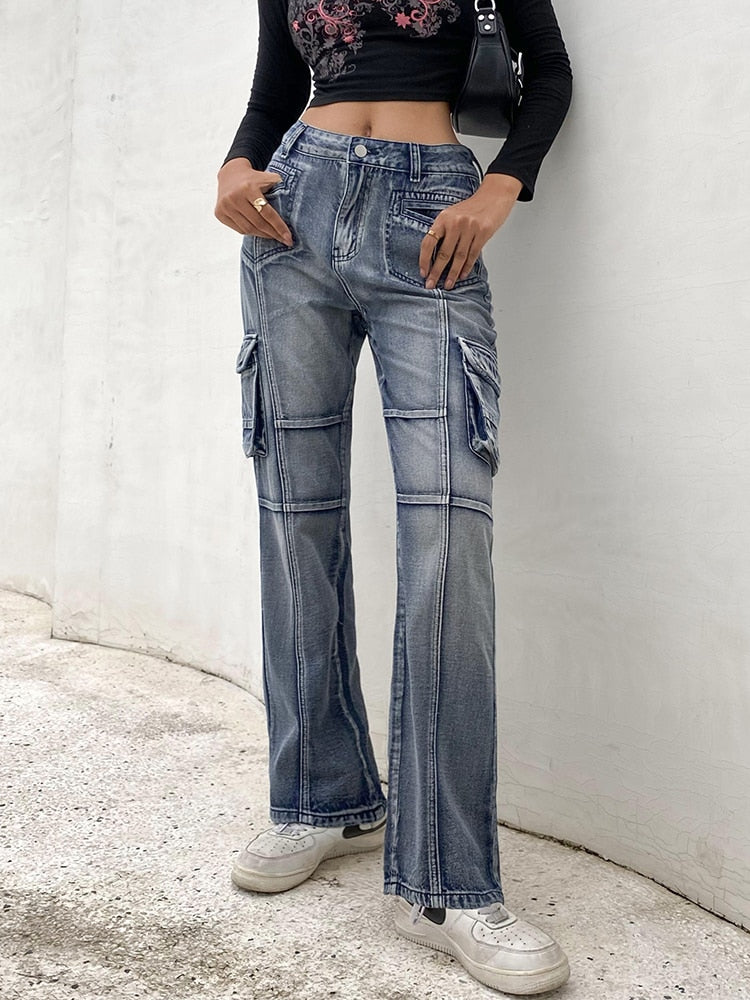 Vintage Jeans woman Low Waisted Pockets Trousers Baggy Casual women Denim Cargo Pants Women Straight Hot Korean Jeans 90s