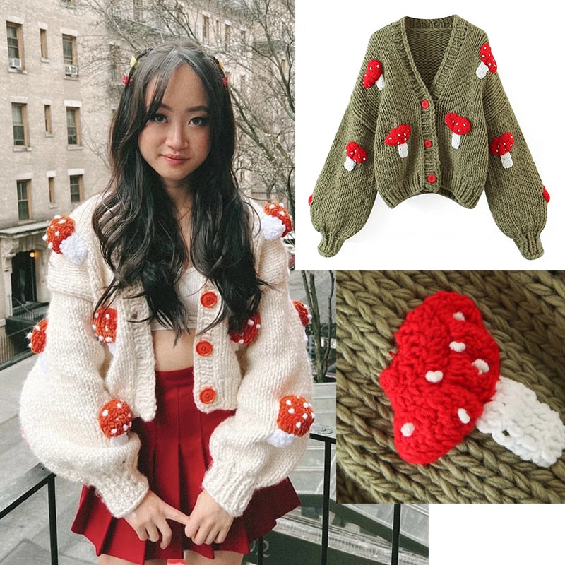 SHRUMI Knitted Flower Heart Mushroom Fruit Pattern Soft Sweater