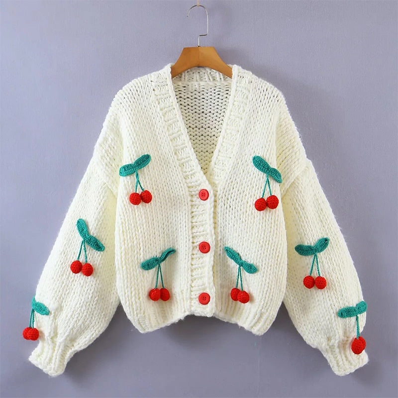 SHRUMI Knitted Flower Heart Mushroom Fruit Pattern Soft Sweater