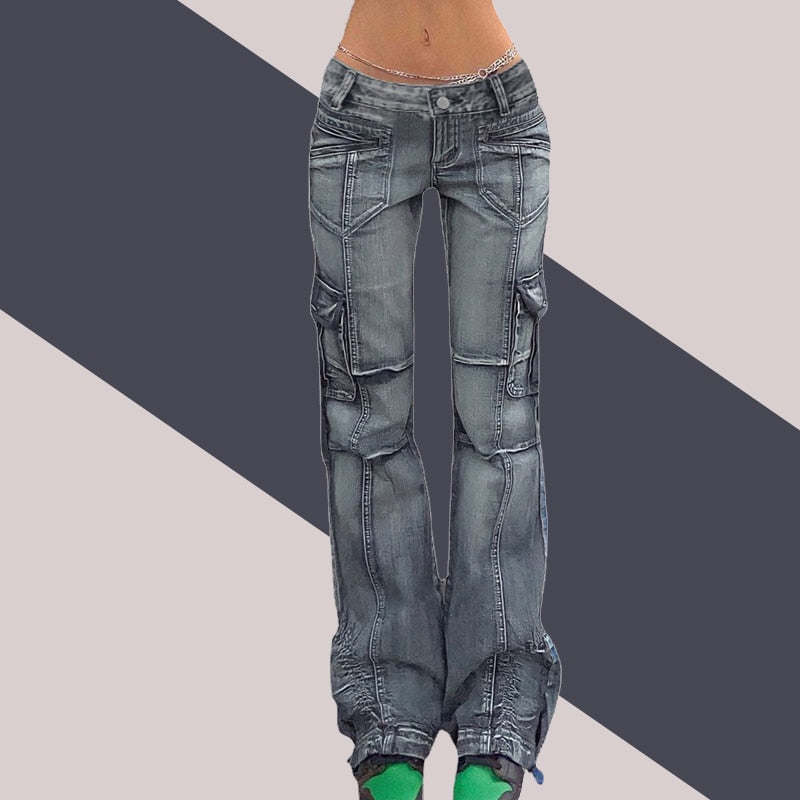 Vintage Jeans woman Low Waisted Pockets Trousers Baggy Casual women Denim Cargo Pants Women Straight Hot Korean Jeans 90s