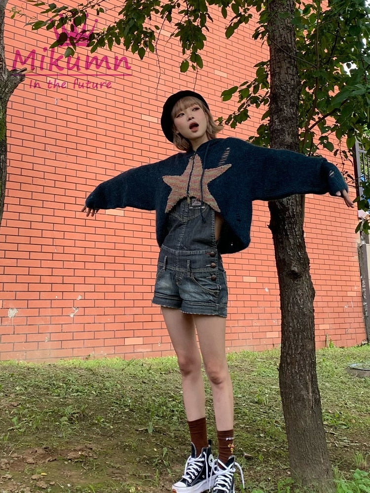 JUPITERBAE Knitted Star Zip Up Hoodie Crop