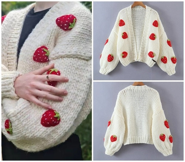 SHRUMI Knitted Flower Heart Mushroom Fruit Pattern Soft Sweater