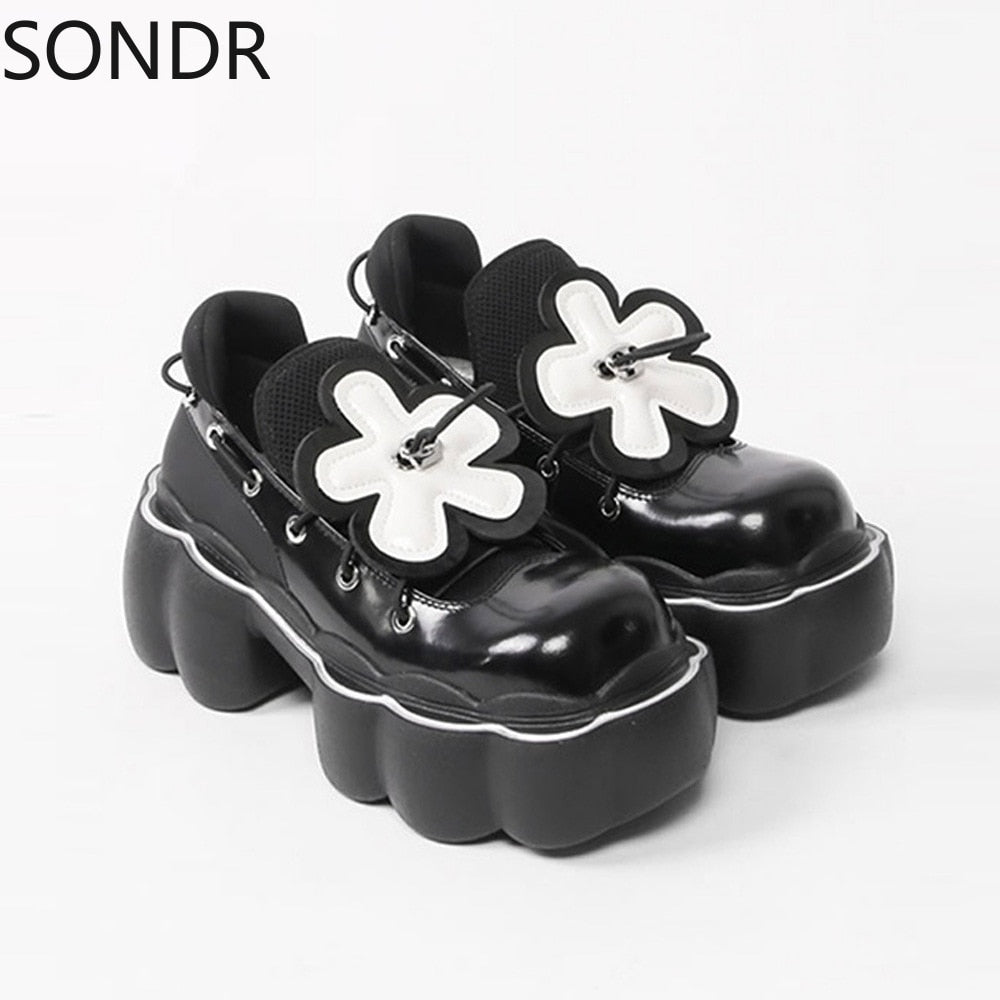 STEPINTHEGRASS Flower Bowtie Loafer Goth Punk Shoes Creepers Pumps