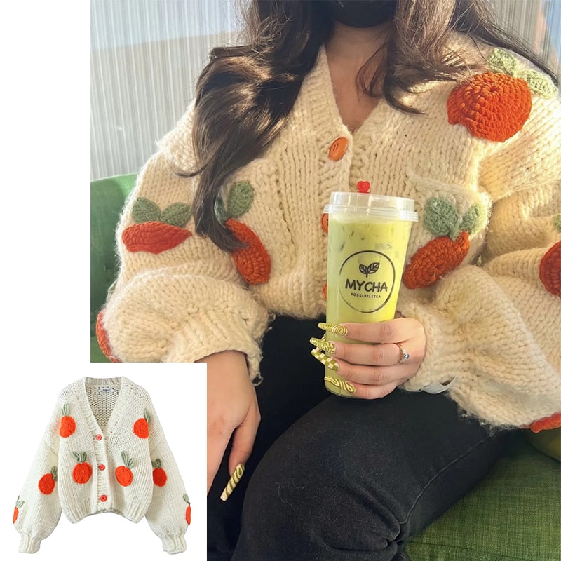 SHRUMI Knitted Flower Heart Mushroom Fruit Pattern Soft Sweater