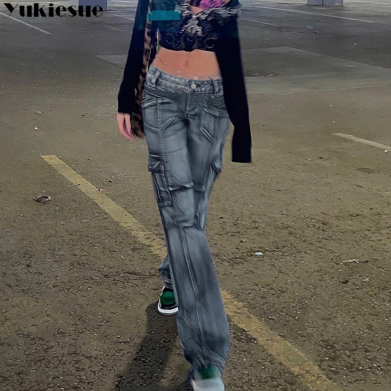 Vintage Jeans woman Low Waisted Pockets Trousers Baggy Casual women Denim Cargo Pants Women Straight Hot Korean Jeans 90s