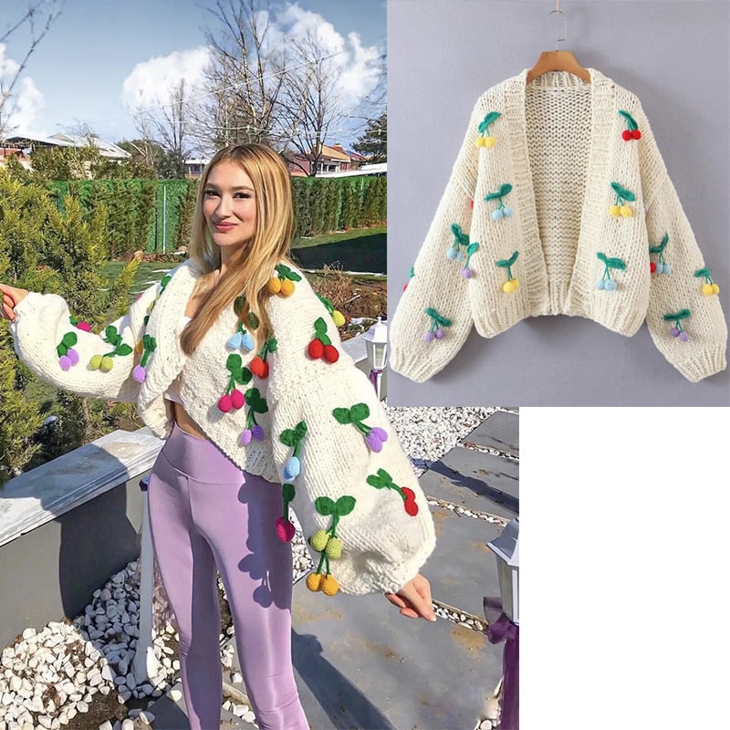 SHRUMI Knitted Flower Heart Mushroom Fruit Pattern Soft Sweater