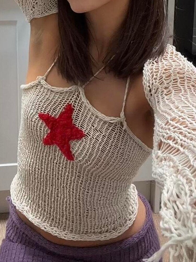 Rapcopter Y2K Star Halter Lace Up Knitted Crop Top Hole Full Sleeves And Mini Vest Two Pieces Backless Retro Casual Outfits Chic