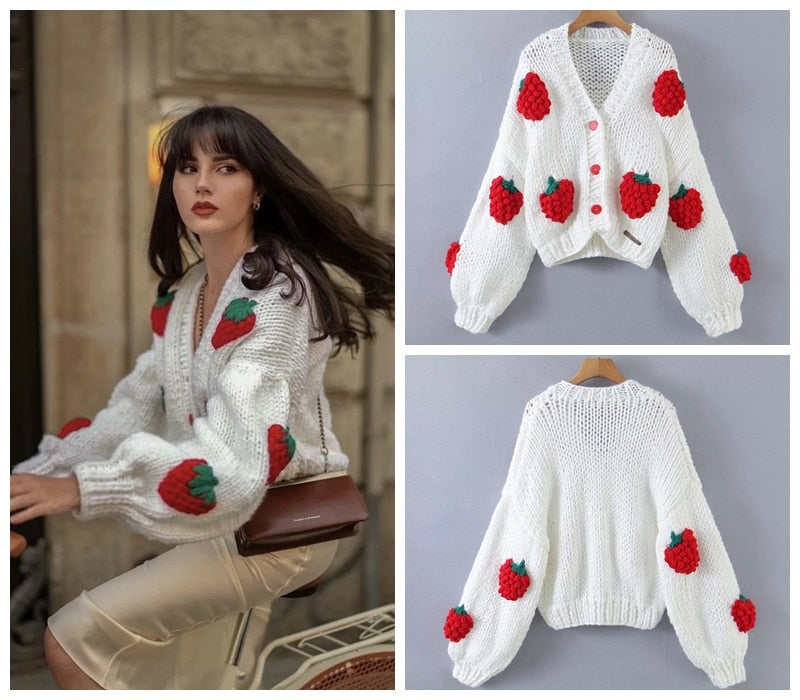 SHRUMI Knitted Flower Heart Mushroom Fruit Pattern Soft Sweater