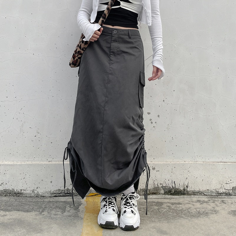 Rockmore Harajuku Slit Cargo Long Skirts Y2K Low Waist Maxi Skirt Women'S Ankle-Length Skirt 2000s Retro Fairycore Grunge Outfit