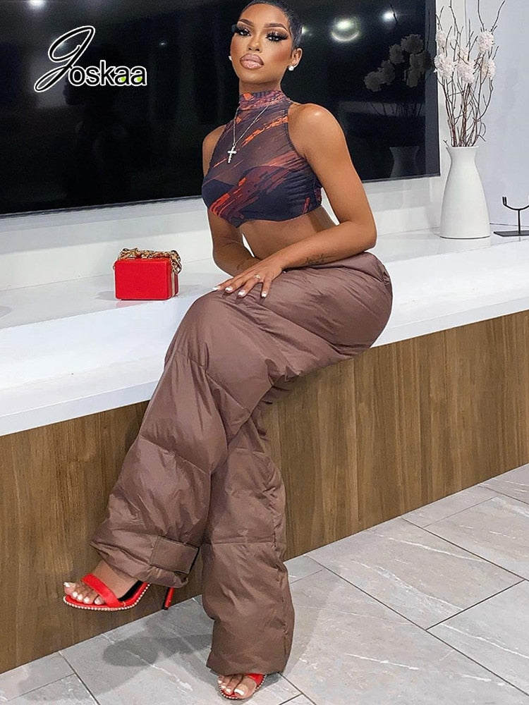 Joskaa Brown Wide Leg Pant Cargo Woman Y2K Padded Trouser Women Casual Warm Pants Autumn Winter 2022 Sexy Streetwear