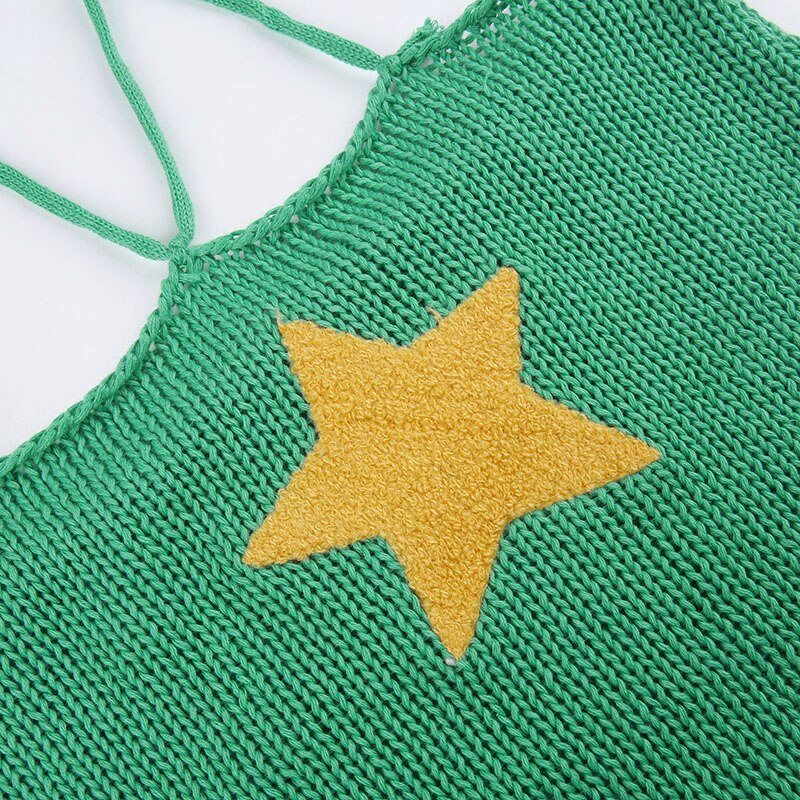 Rapcopter Y2K Star Halter Lace Up Knitted Crop Top Hole Full Sleeves And Mini Vest Two Pieces Backless Retro Casual Outfits Chic