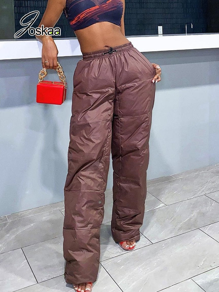 Joskaa Brown Wide Leg Pant Cargo Woman Y2K Padded Trouser Women Casual Warm Pants Autumn Winter 2022 Sexy Streetwear