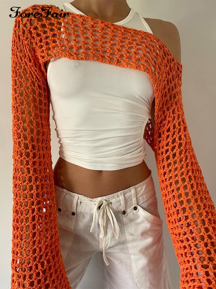 Forefair 2022 Summer Green Long Sleeve Smock Knitted Crop Top Women Y2k Beach Sexy Backless Hollow Out T Shirts Party Casual