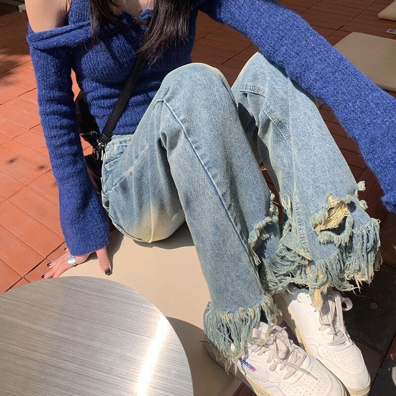 Y2K Vintage Streetwear Fairy Grunge Baggy Jeans Denim Trousers Ripped Pants Harajuku Women's wear