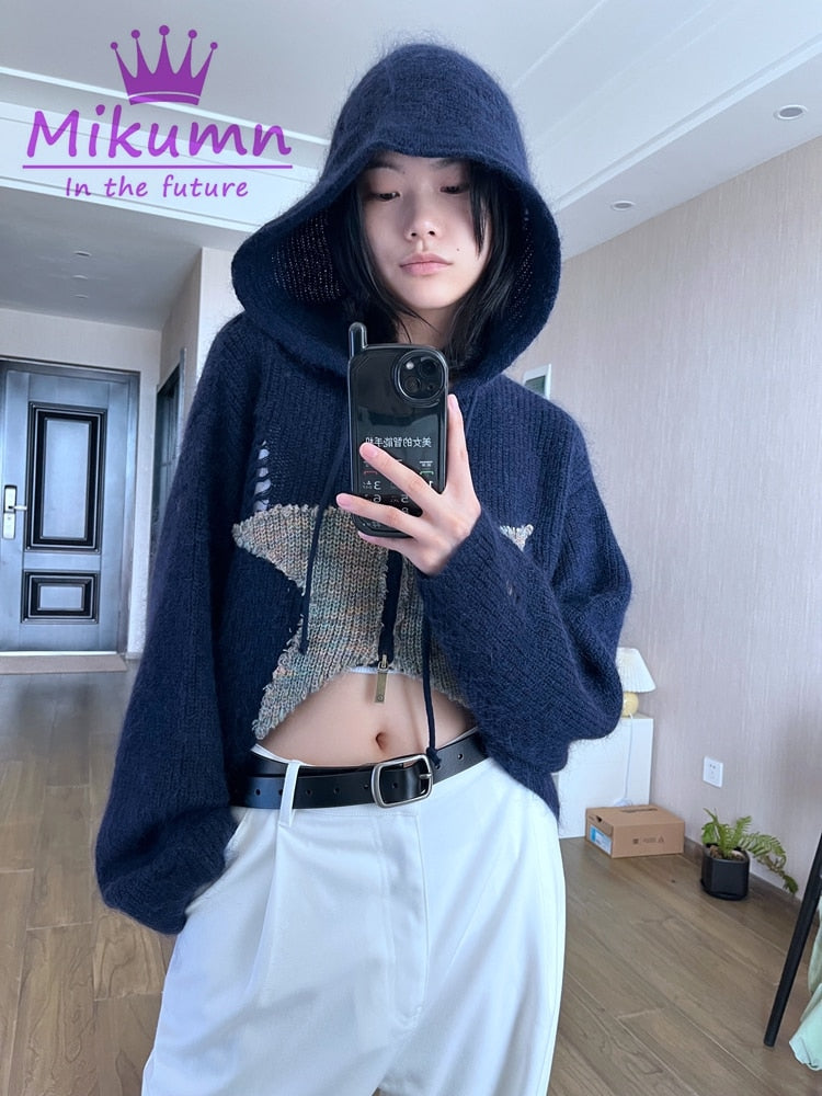 JUPITERBAE Knitted Star Zip Up Hoodie Crop