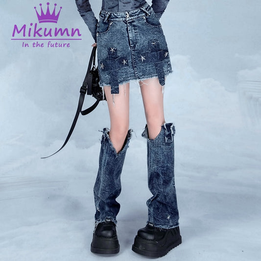 JUPITERBAE Acid Denim Skirt Leg Warmers Set Leg Covers