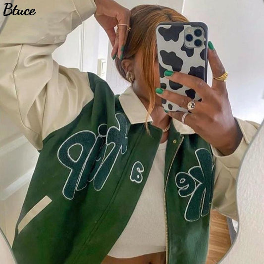 Take A Trip Green Letter Green Bomber Jacket  Streetwear Fall Style Down Collar Zipper Baseball Coat