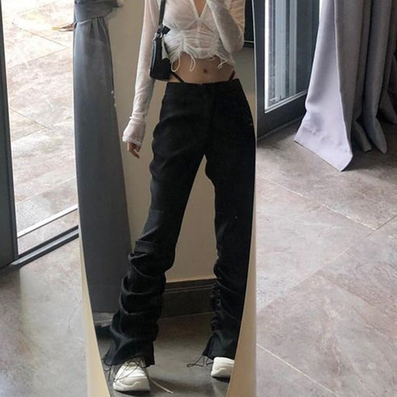 Rapcopter Hollow Out Pants Y2K Ruched Drawstring Trouser High Waist Cargo Pants Bandage Patchwork Pants Casual Women Streetwear