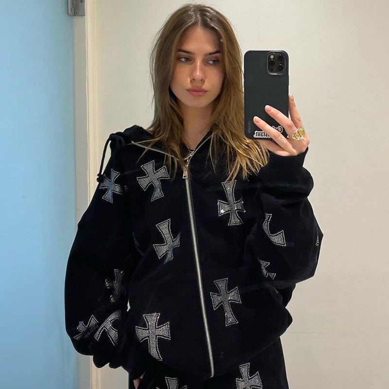 Vintage rhinestone graphics Oversized Hoodies Female Zip Up Long Sleeve Women's Sweatshirt Y2K Aesthetic Winter Grunge clothing