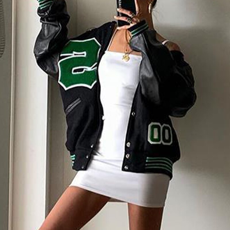 Take A Trip Green Letter Green Bomber Jacket  Streetwear Fall Style Down Collar Zipper Baseball Coat