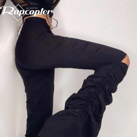 Rapcopter Hollow Out Pants Y2K Ruched Drawstring Trouser High Waist Cargo Pants Bandage Patchwork Pants Casual Women Streetwear