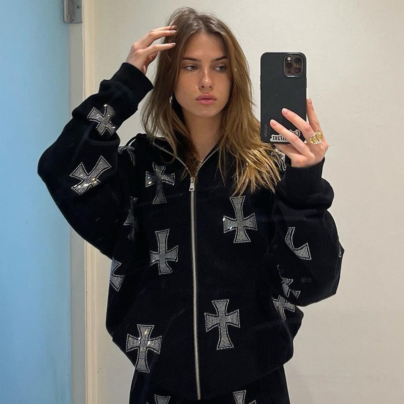 Vintage rhinestone graphics Oversized Hoodies Female Zip Up Long Sleeve Women's Sweatshirt Y2K Aesthetic Winter Grunge clothing