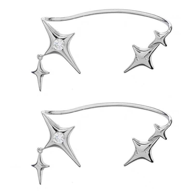 METAPIXEL Silver Chrome Star Cuff Earrings Trendy Rhinestone Earcuffs Statement Cartilage Jewelry