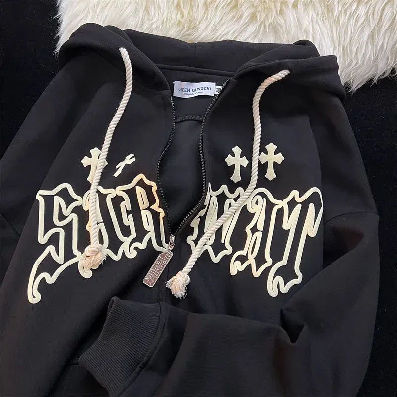 Oversized Retro Streetwear Zip Up Hoodie Letter Printing Sweatshirt Vintage Hoodies Women Grunge Tops Punk Hooded Y2k Clothes