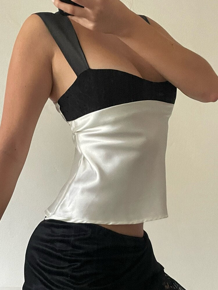 Silky Dip Square Neck Backless Cap Sleeve Panel Top