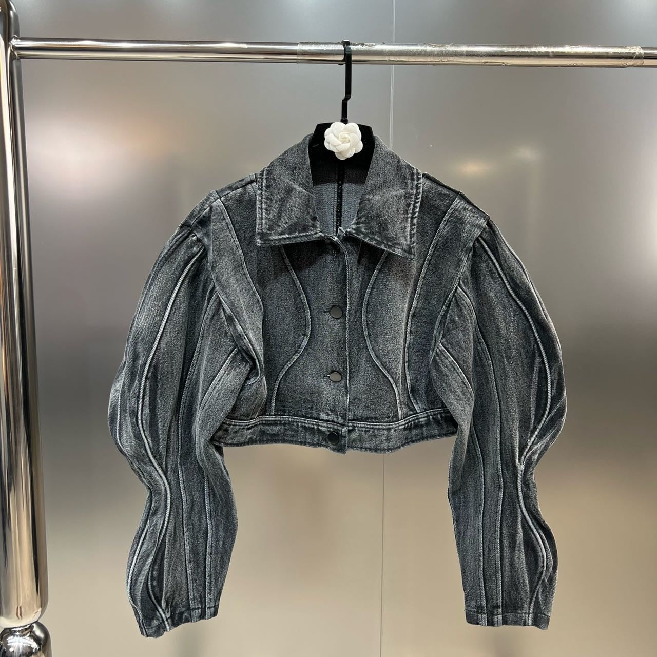 JUPITERBAE 3D Wavy Puff Sleeve Denim Jacket