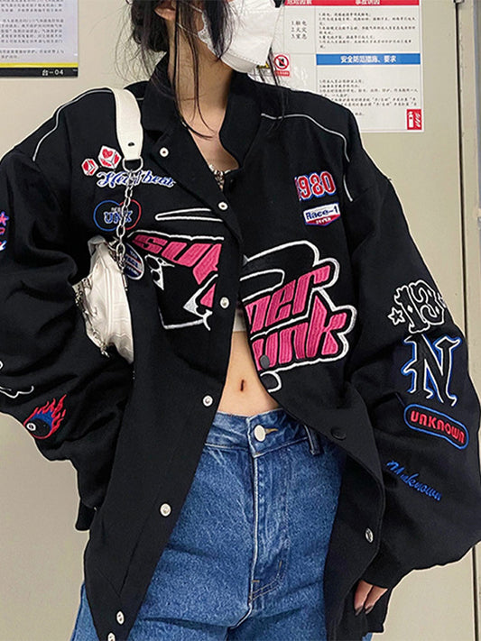 Varsity jacket Women Printed Casual Zipper Long Sleeve Racing Jacket Coat Winter Clothes Vintage Colorblock Women Bomber Jackets