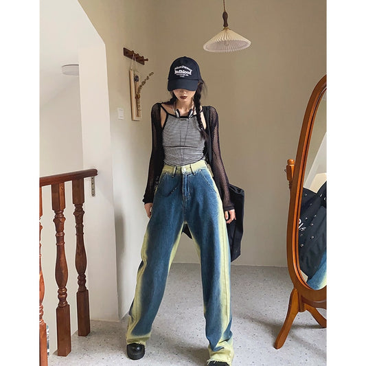 Womens Jeans High Waist Vintage Straight Baggy Pants Chic Design Streetwear Gradient Color Hip Hop Summer Denim Wide Leg Trouser