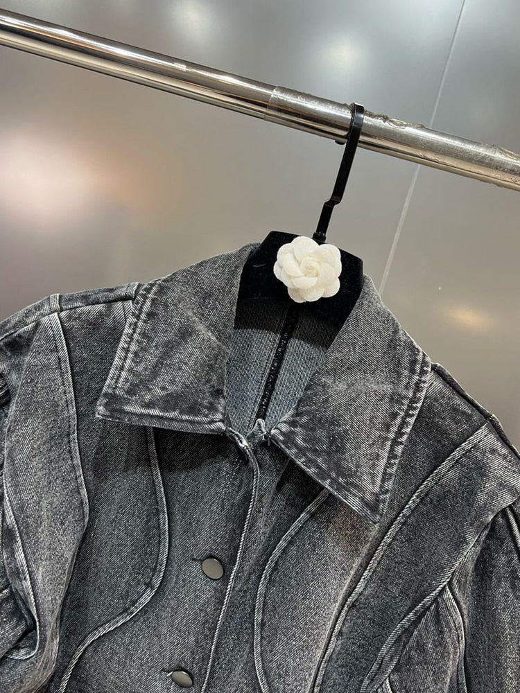 JUPITERBAE 3D Wavy Puff Sleeve Denim Jacket