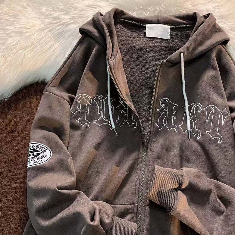 Oversized Retro Streetwear Zip Up Hoodie Letter Printing Sweatshirt Vintage Hoodies Women Grunge Tops Punk Hooded Y2k Clothes