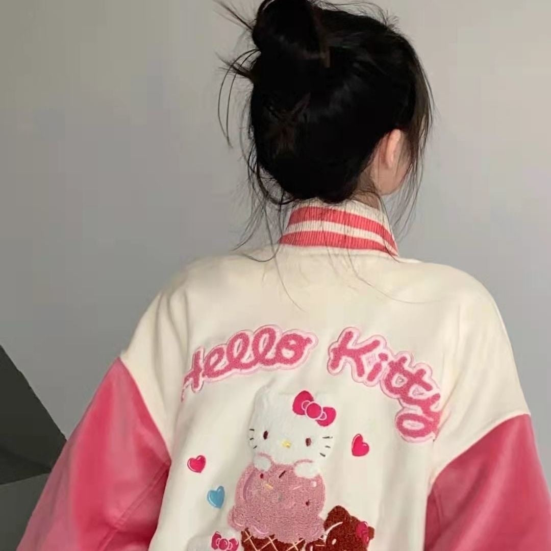 Hello Kitty Clothes Y2k Teenager Girl Luxury Design Embroidery Pink Jacket Baseball Jacket Fashion Coat Women Sweatshirt Plush