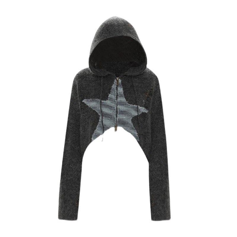 JUPITERBAE Knitted Star Zip Up Hoodie Crop