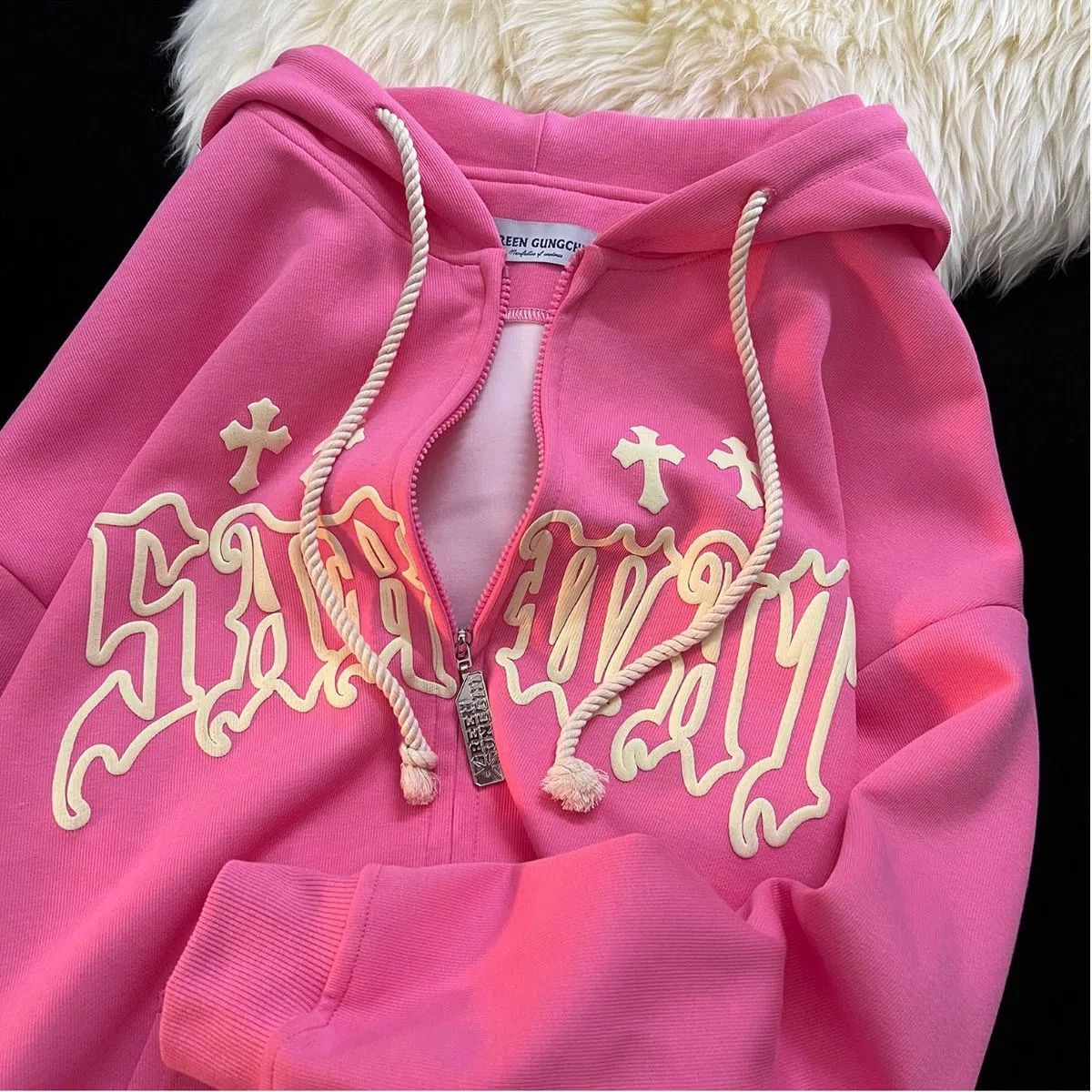 Oversized Retro Streetwear Zip Up Hoodie Letter Printing Sweatshirt Vintage Hoodies Women Grunge Tops Punk Hooded Y2k Clothes