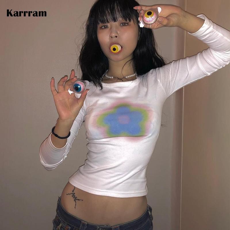 Karrram Y2k Aesthetics Crop Tops Long Sleeve Graphic T Shirt Gradient Printed Fairycore Grunge Clothes Korean Fashion Streetwear