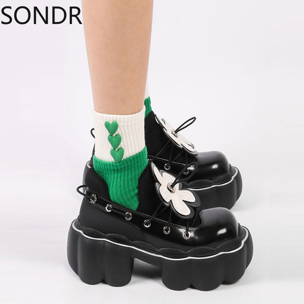 STEPINTHEGRASS Flower Bowtie Loafer Goth Punk Shoes Creepers Pumps