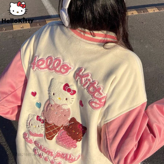 Hello Kitty Clothes Y2k Teenager Girl Luxury Design Embroidery Pink Jacket Baseball Jacket Fashion Coat Women Sweatshirt Plush