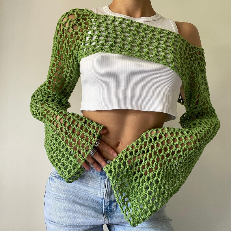 Forefair 2022 Summer Green Long Sleeve Smock Knitted Crop Top Women Y2k Beach Sexy Backless Hollow Out T Shirts Party Casual