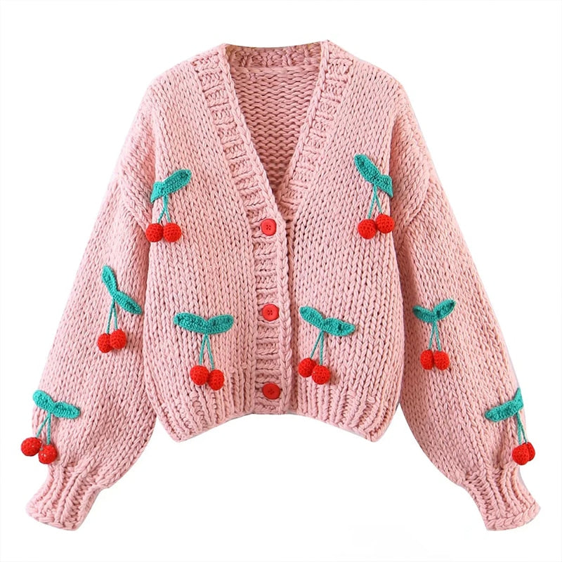 SHRUMI Knitted Flower Heart Mushroom Fruit Pattern Soft Sweater