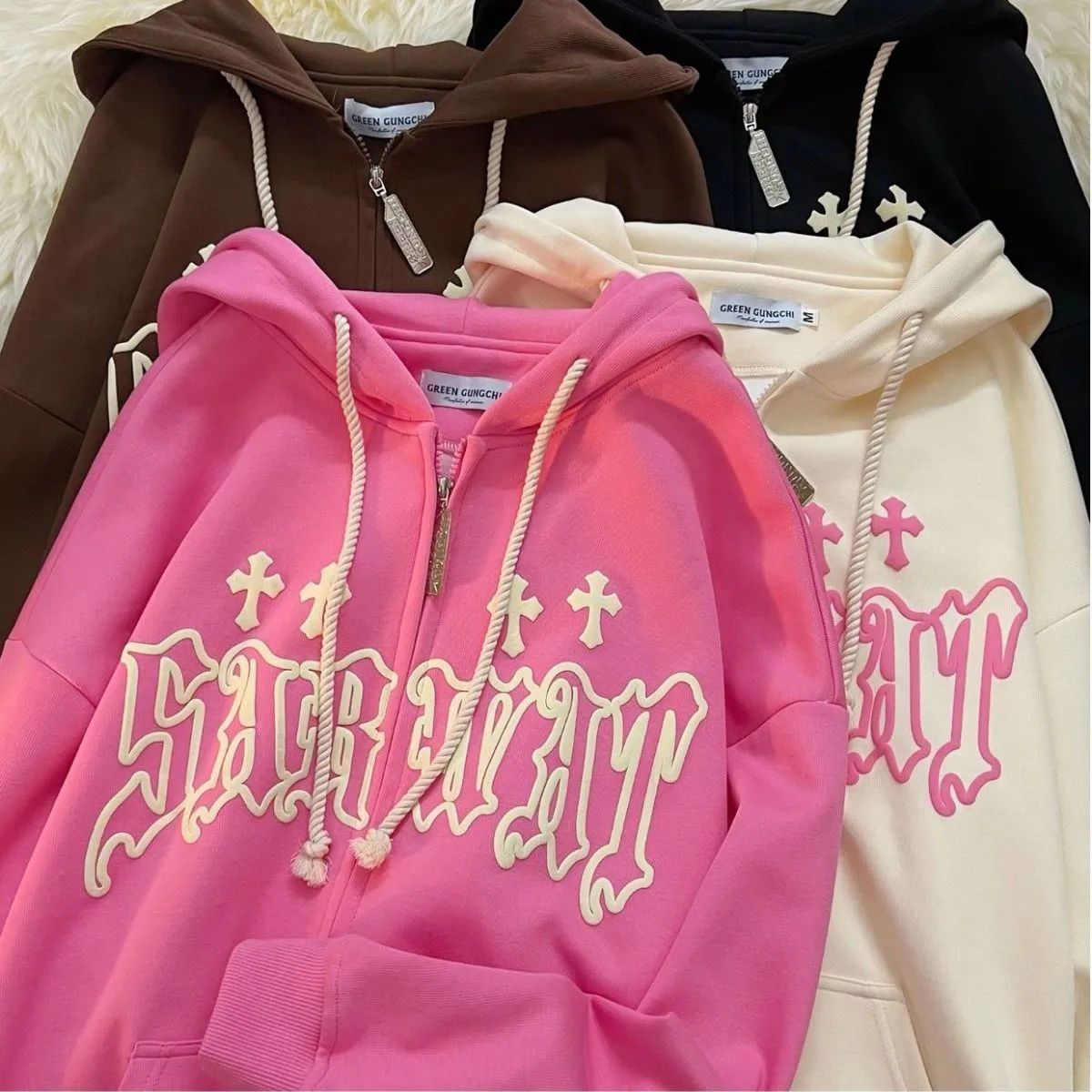 Oversized Retro Streetwear Zip Up Hoodie Letter Printing Sweatshirt Vintage Hoodies Women Grunge Tops Punk Hooded Y2k Clothes