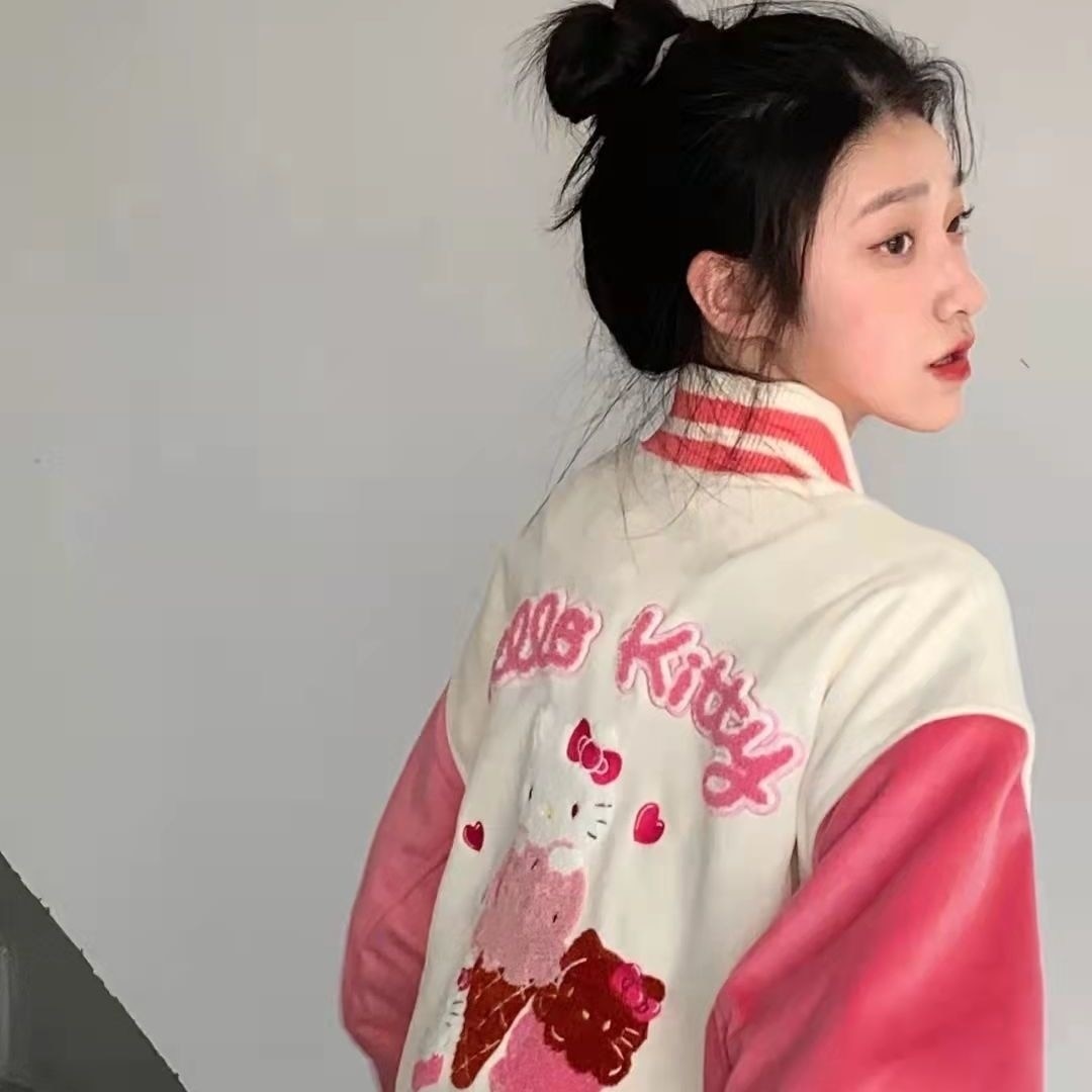 Hello Kitty Clothes Y2k Teenager Girl Luxury Design Embroidery Pink Jacket Baseball Jacket Fashion Coat Women Sweatshirt Plush